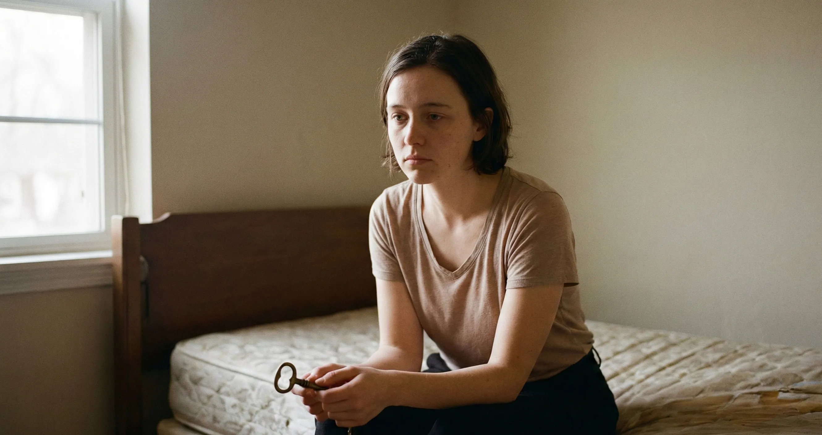 Mulher sentada em uma cama, segurando uma chave em suas mãos 