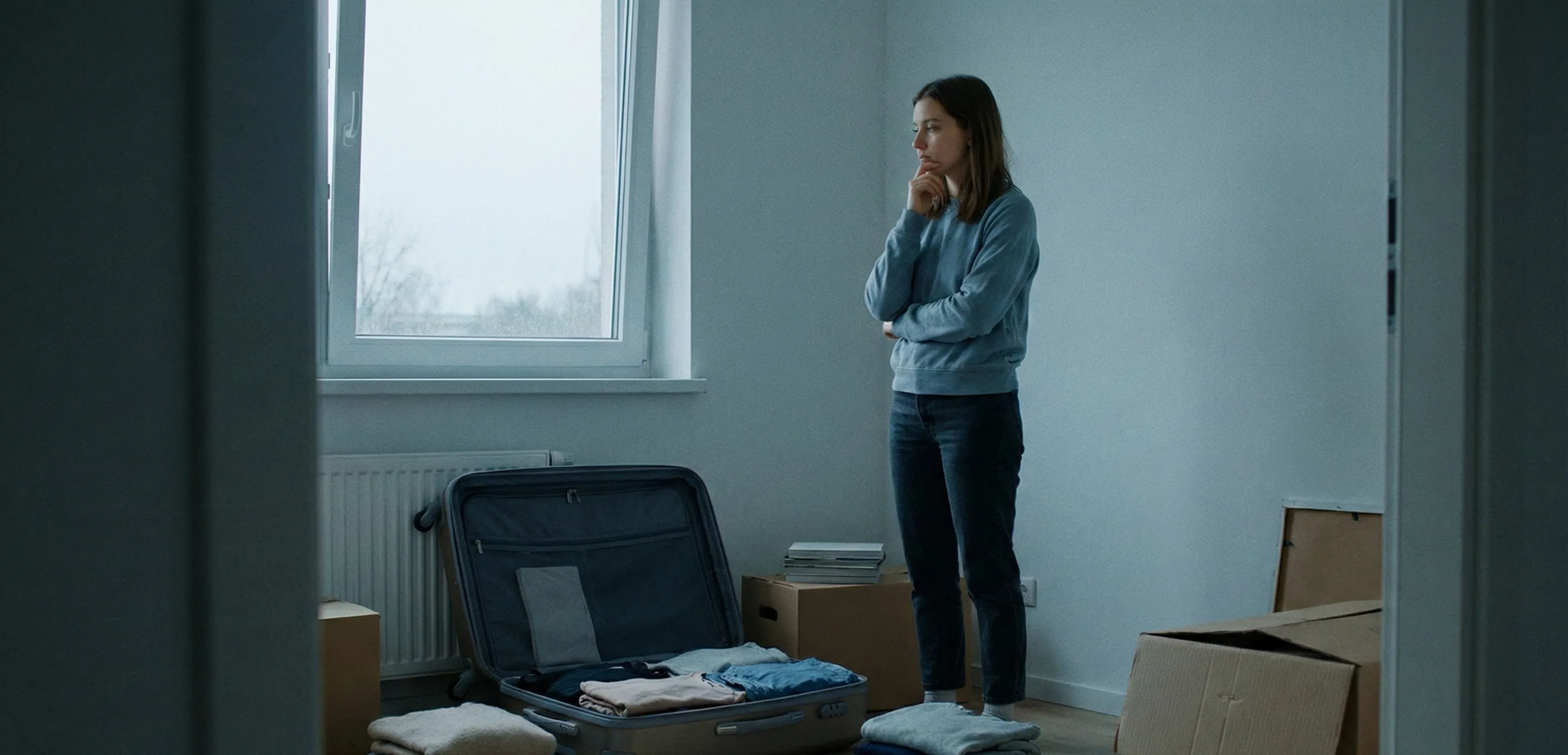 Uma pessoa parada ao lado de algumas malas com seus objetos ao lado.