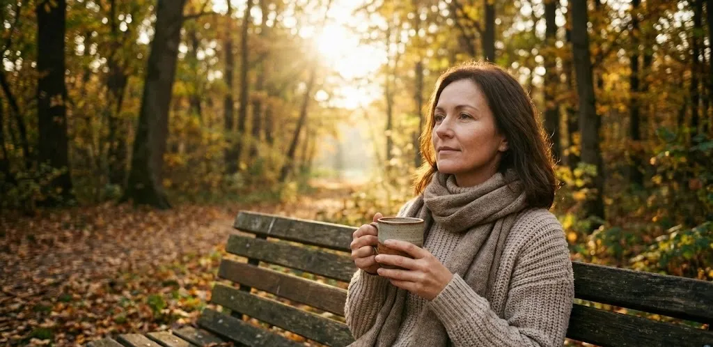Mulher sentada em um banco em um parque