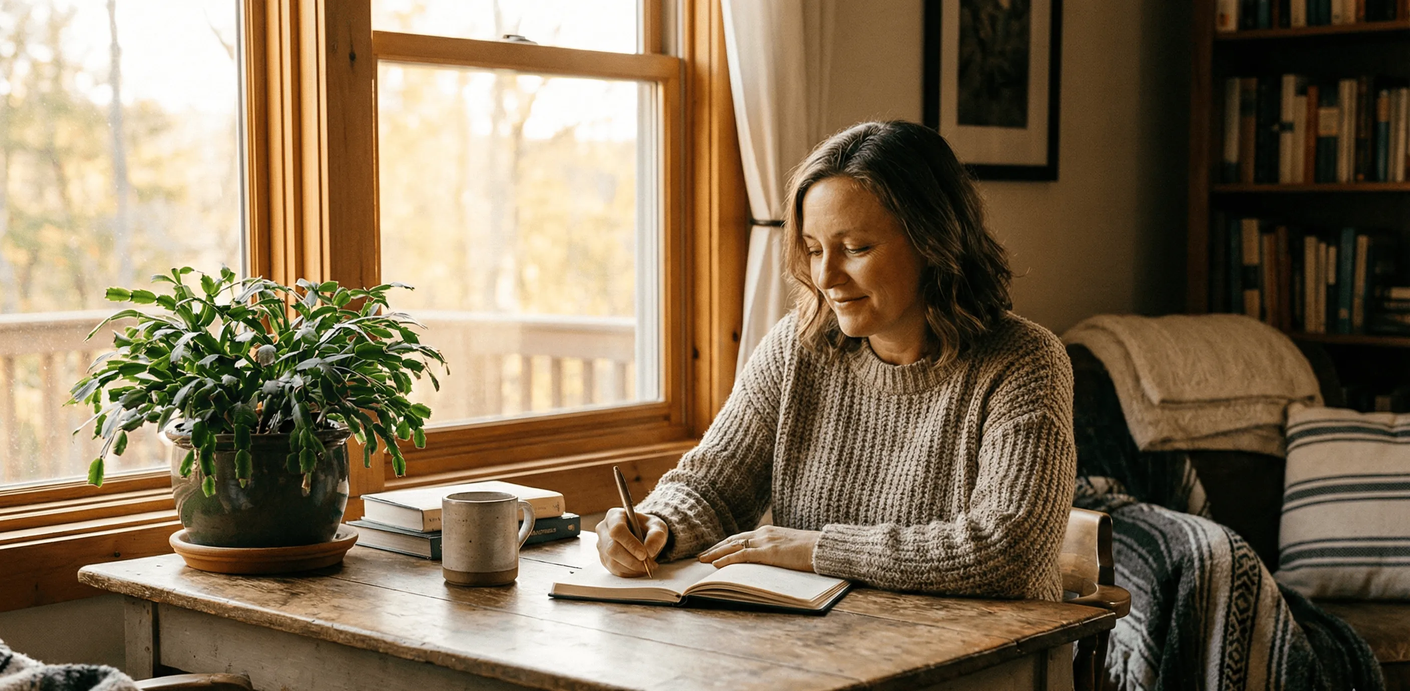 Pessoa sentada em uma mesa, escrevendo em um diário