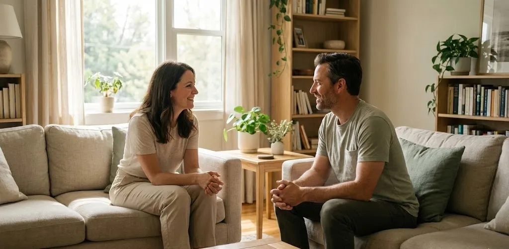 Um homem e uma mulher sentados em uma sessão de terapia