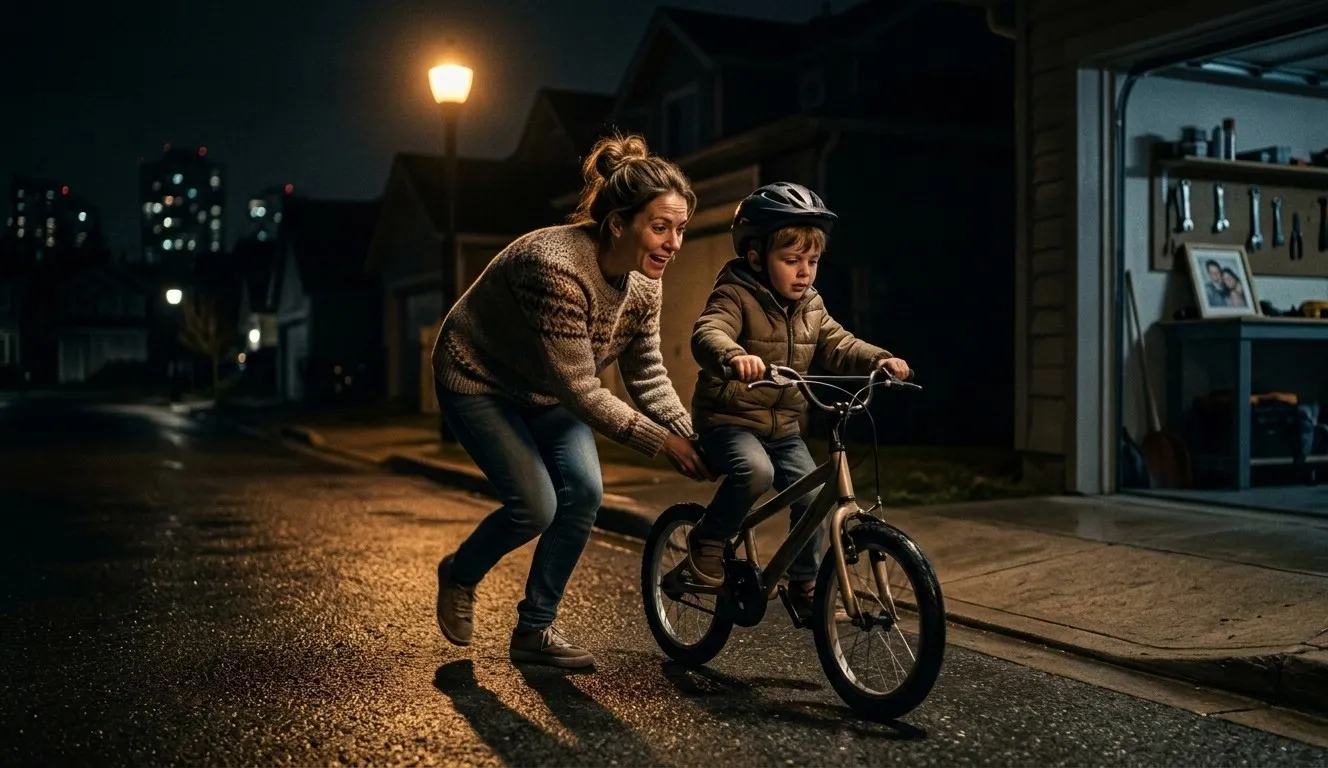 Mãe ensinando seu filho a andar de bicicleta na infância, passando segurança