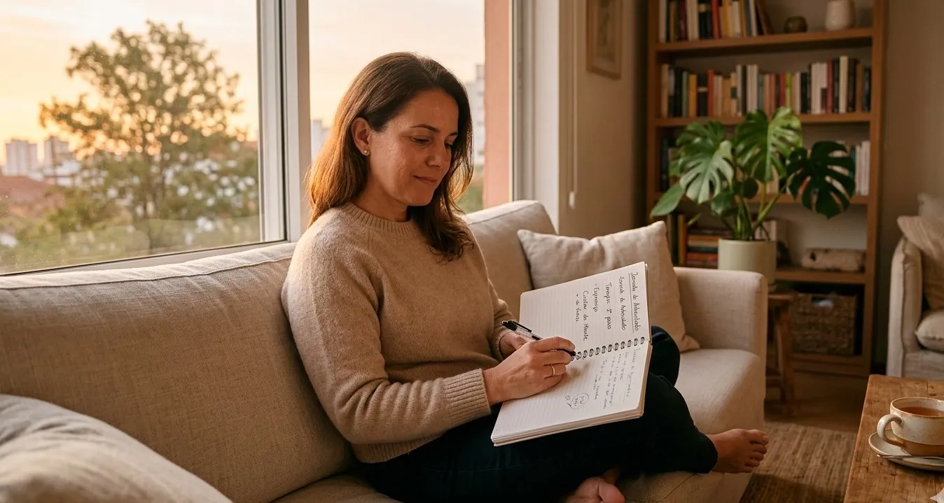 Mulher escrevendo em dirio, planejando os passos para o futuro 