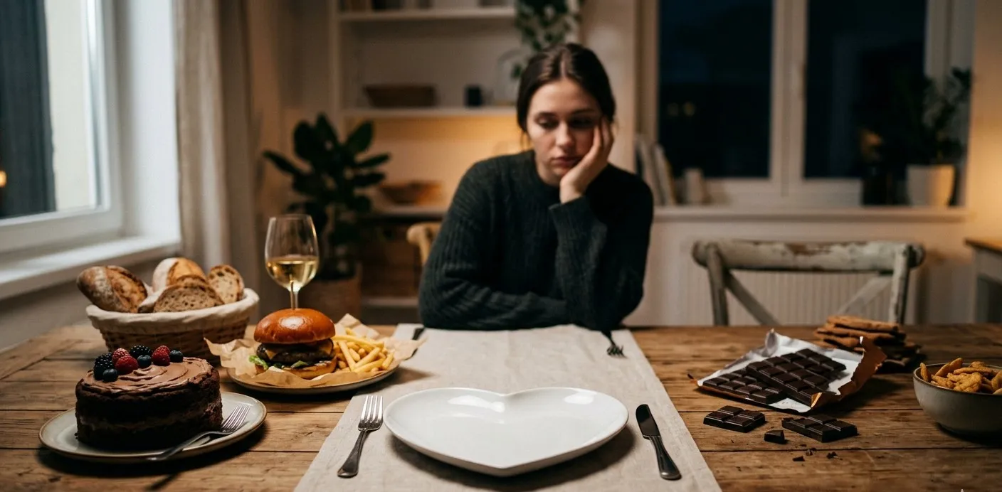 Compulsão alimentar, uma mulher olhando uma mesa cheia de comida, com um prato vazio em forma de coração 