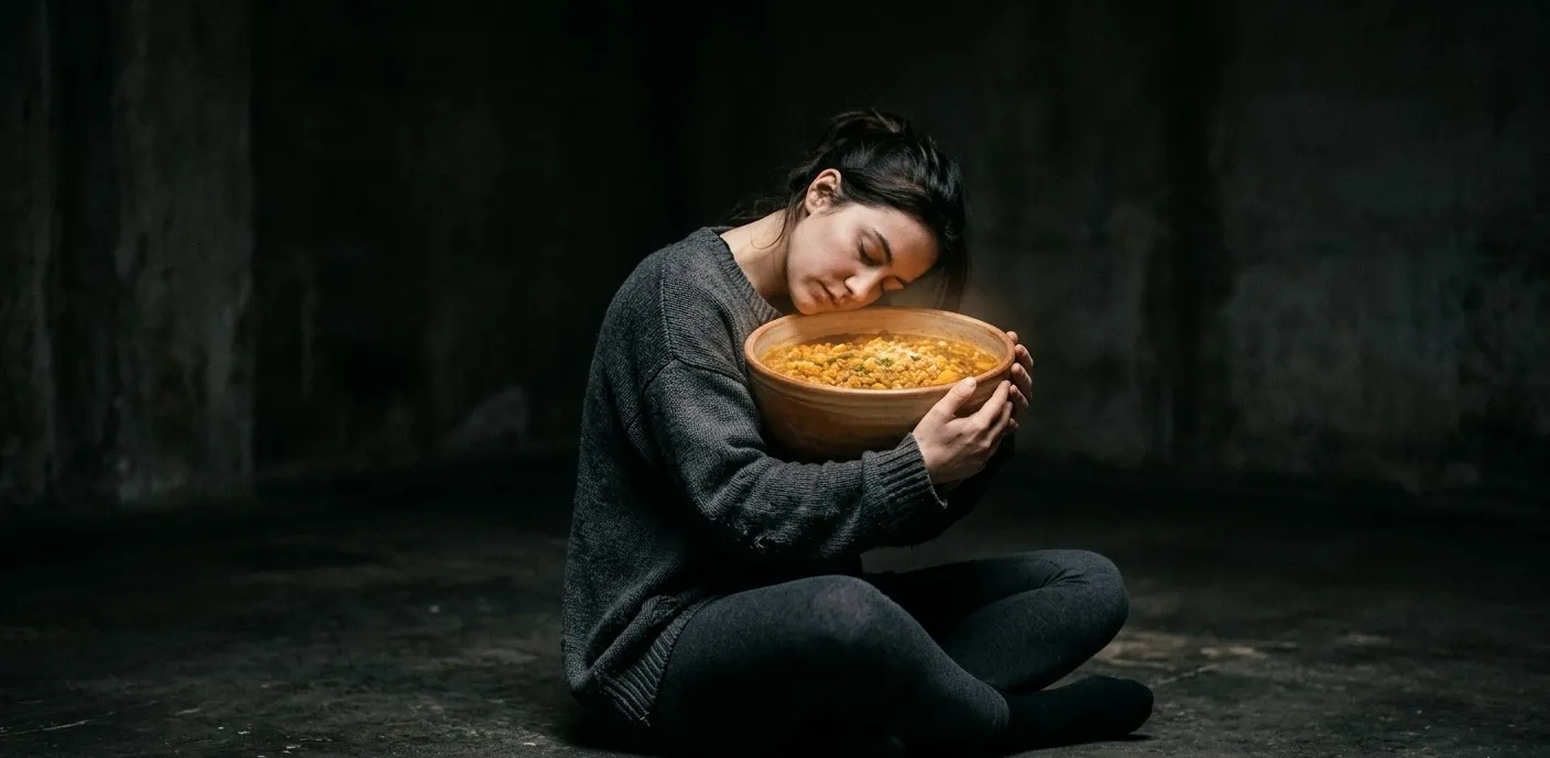 Compulsão alimentar, uma mulher abraçando uma vasilha com comida, buscando conforto 