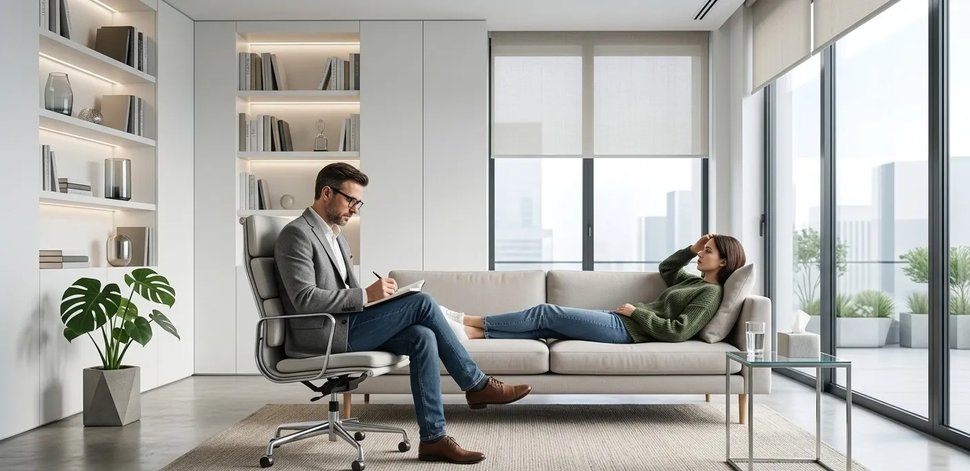 Psicanalista atendendo um paciente e anotando em uma agenda 