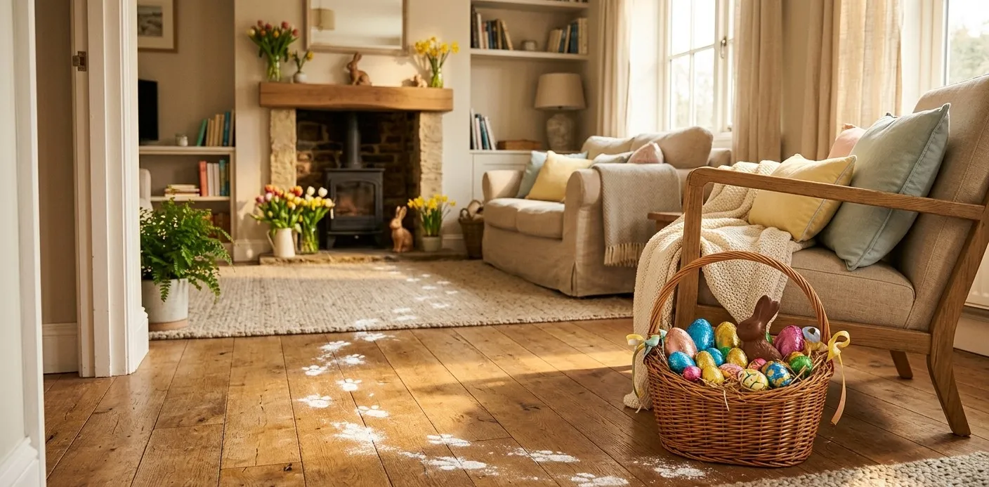 Pegadas de coelho no chão, em direção a uma cesta de ovos de chocolate 