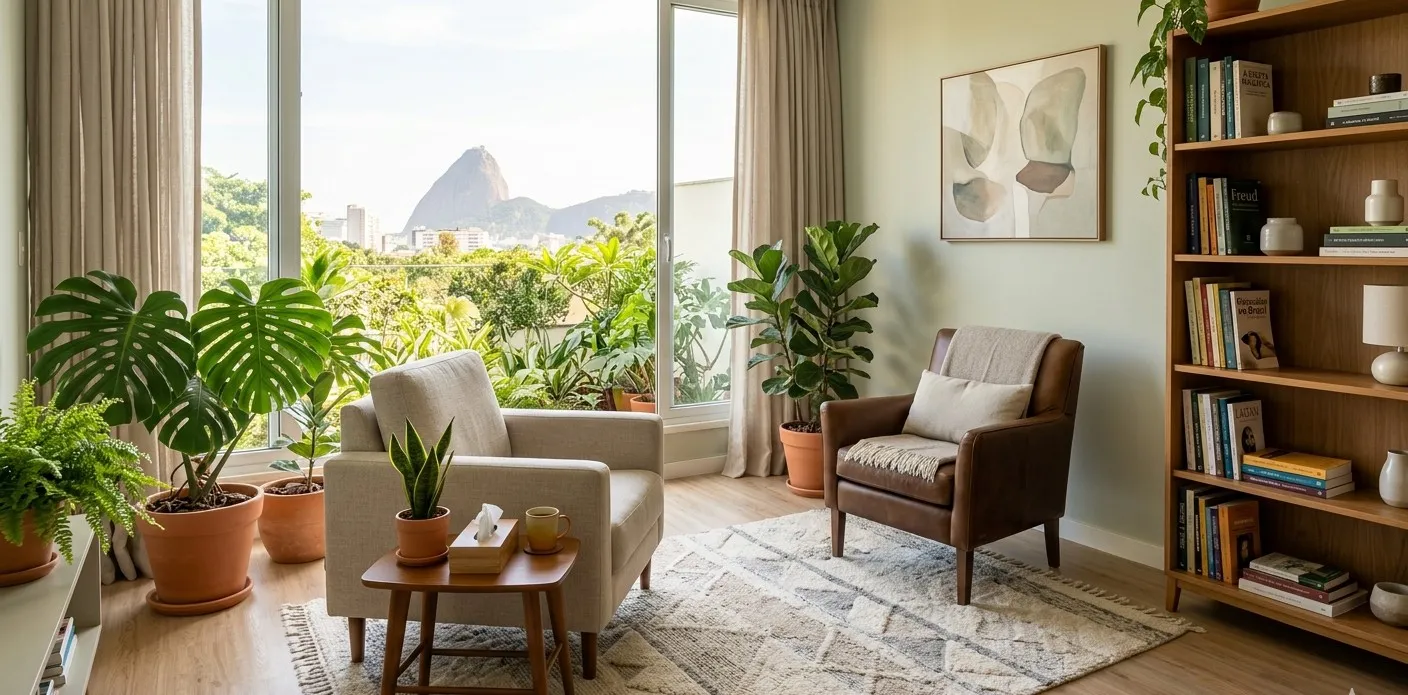 Consultório de psicanalise, bem organizado e bonito