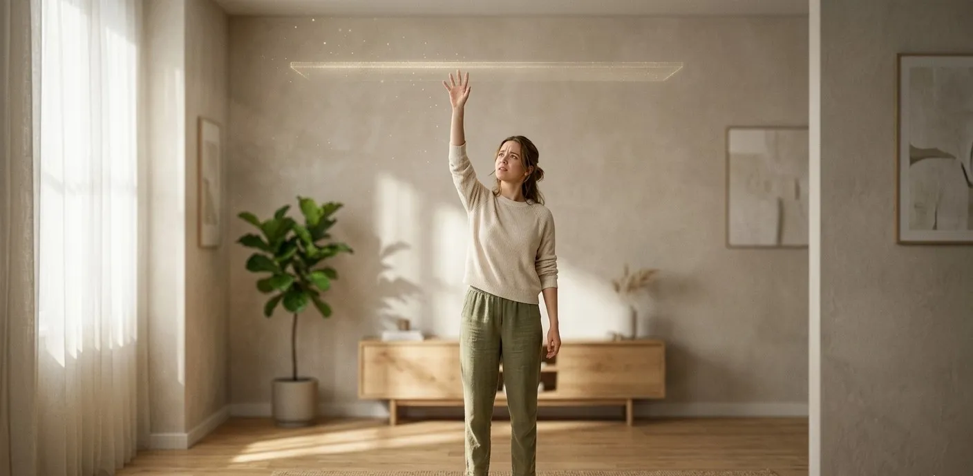 Uma mulher tentando tocar o teto 