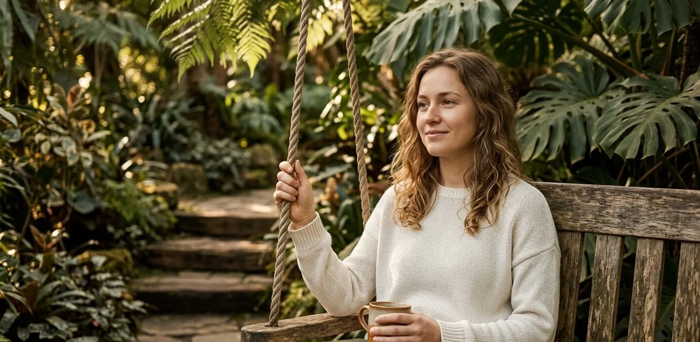 Uma mulher sentada em um balança, tranquila se tomando chá 