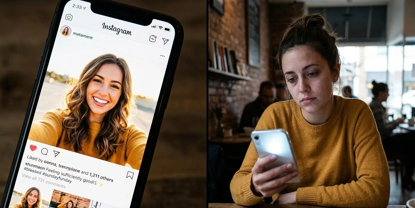 Uma mulher triste olhando sua foto sorrindo na rede social, onde a vida é feita de aparência 