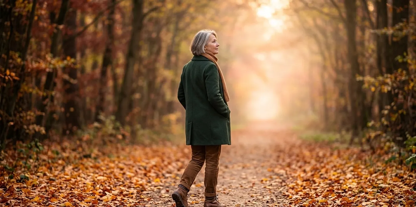 O medo de envelhecer, uma senhora caminhando em meio a uma floresta no inverno 