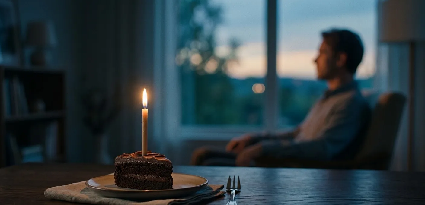 Uma fatia de bolo de aniversário e ao fundo um homem setando em uma cadeira, melancolia do aniversário, o medo de envelhecer 