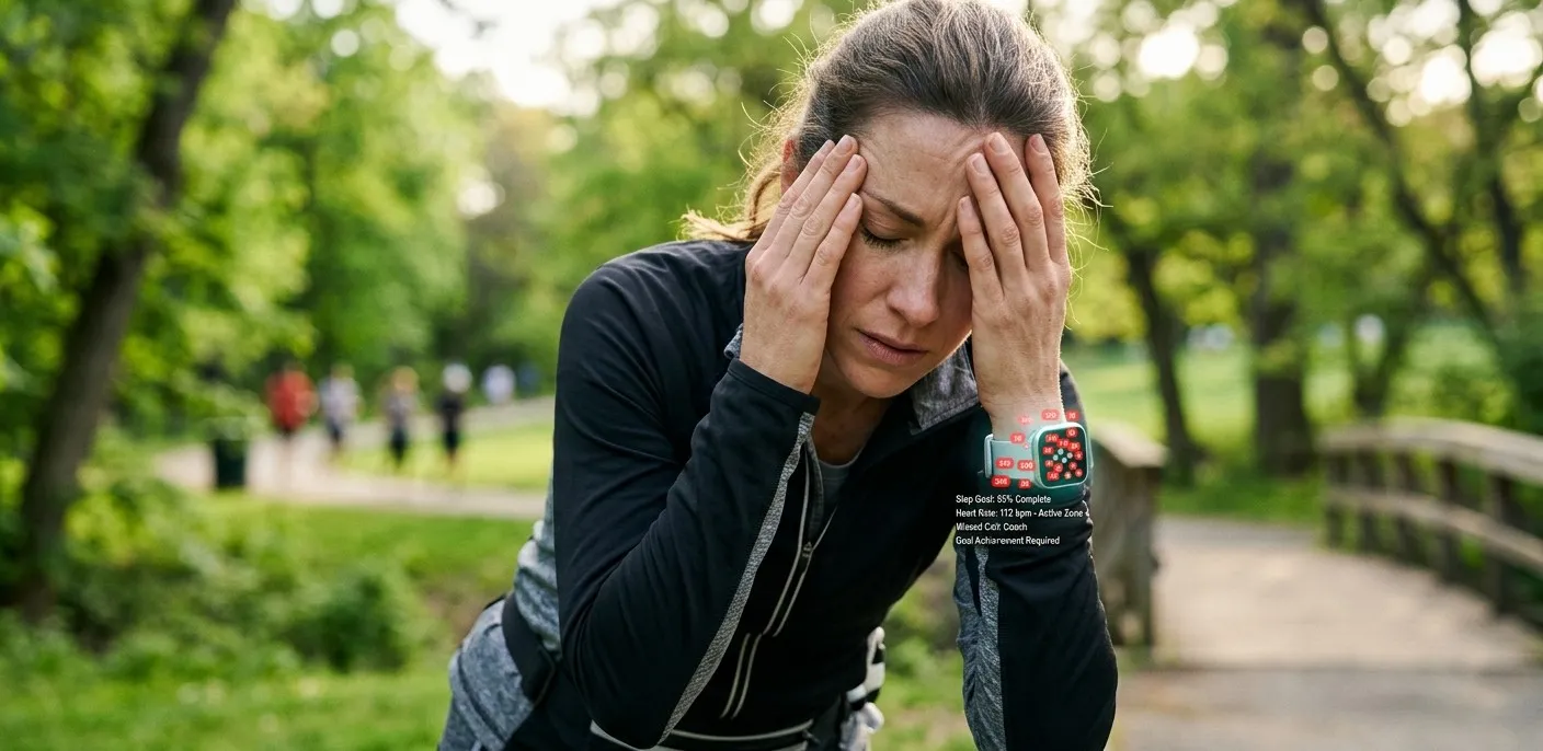 Mulher com a mão na testa, enxaqueca 