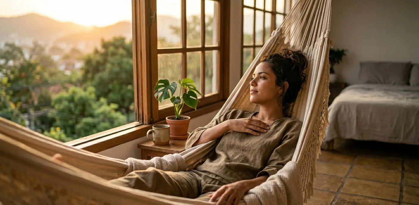 Mulher relaxando em uma rede na varanda 
