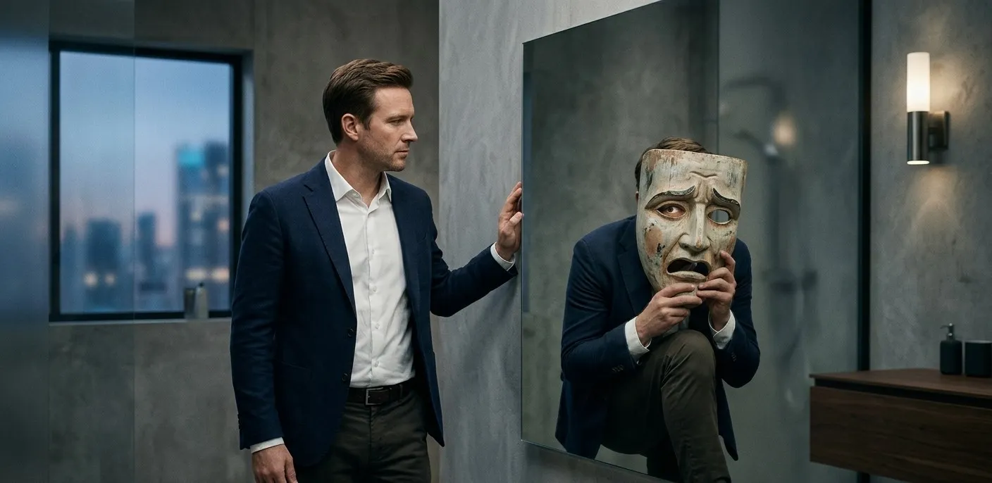 O que é a síndrome do impostor, o reflexo de uma homem no espelho com uma máscara 