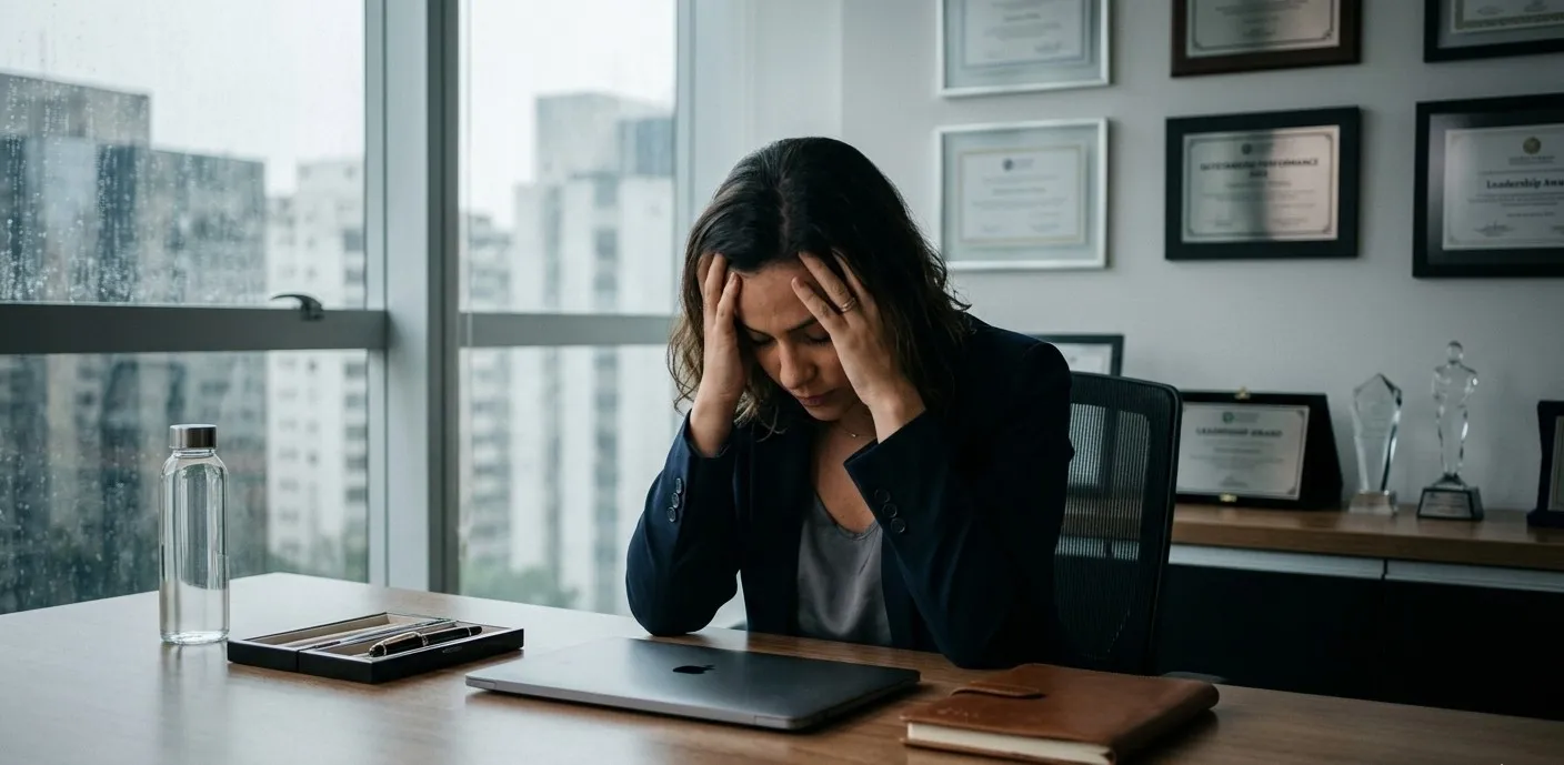 Mulher em seu escritório, com as mãos na cabeça e semblante