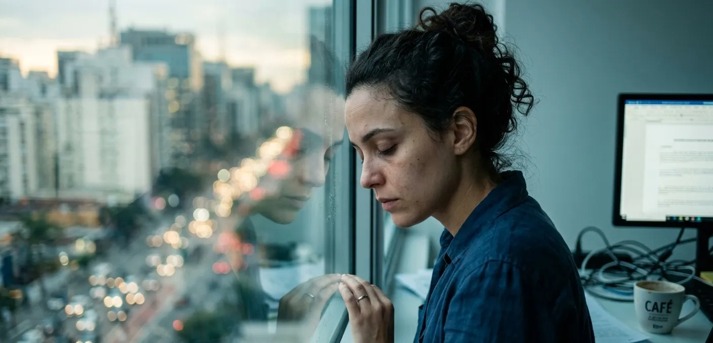 Mulher olhando pela janela do prédio 