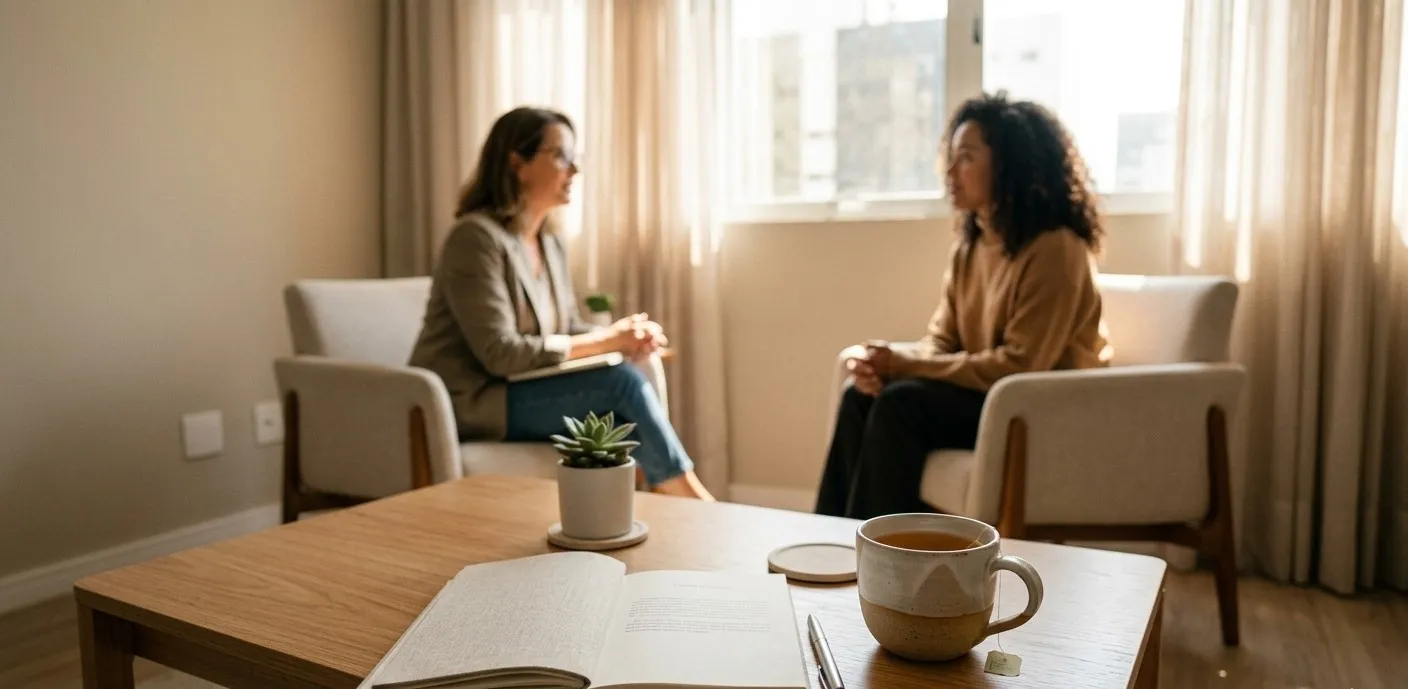 Psicoterapeuta e paciente em consulta Presencial 