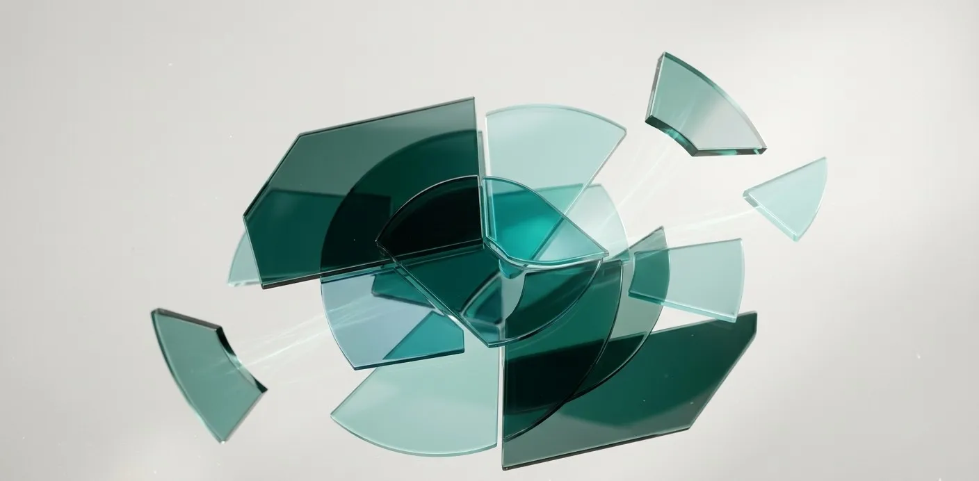 Formas geométricas em tons de verde-petróleo se encaixando, representando a elaboração de perdas com incerteza.