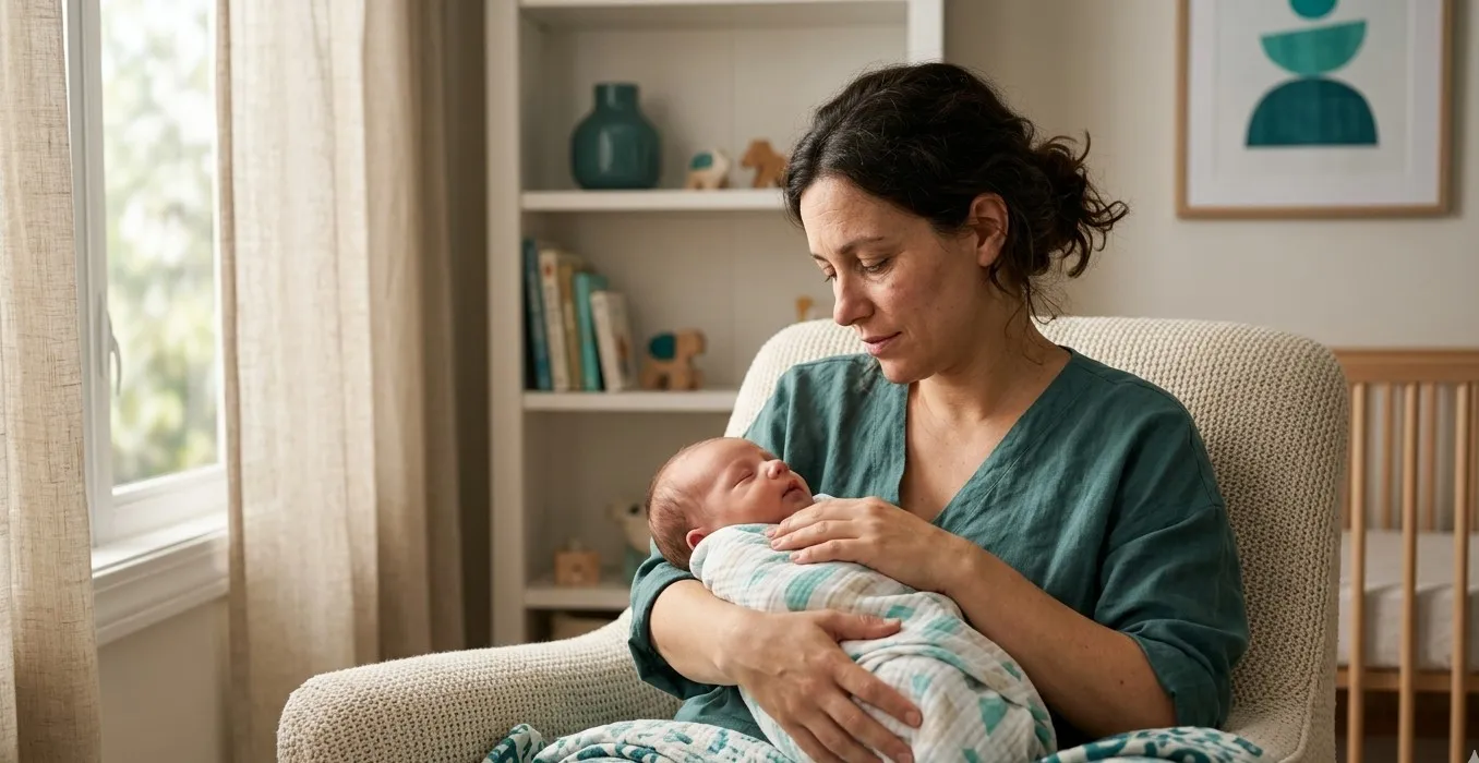 Mãe com olhar reflexivo e cansado segurando seu bebê recém-nascido, representando os desafios emocionais da maternidade real.