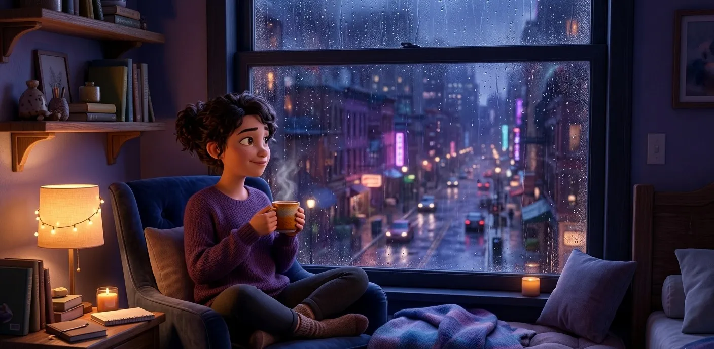 Personagem em animação 3D refletindo tranquilamente em um quarto aconchegante, representando o isolamento saudável.