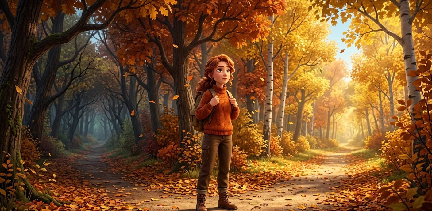 Personagem 3D em uma encruzilhada de outono, simbolizando as fases de transição e o movimento da vida.