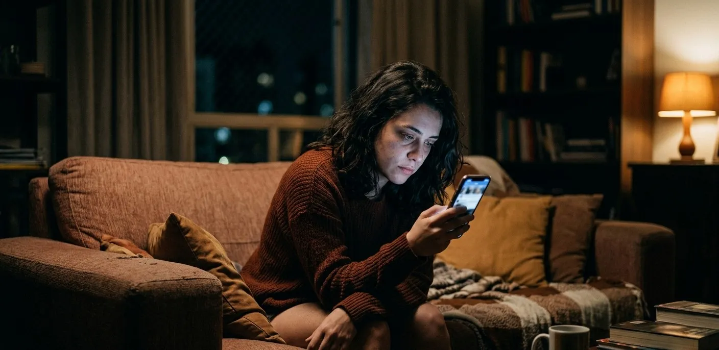 Pessoa exausta olhando para a tela do celular em um quarto escuro, ilustrando a ansiedade silenciosa e o impacto do excesso de telas.