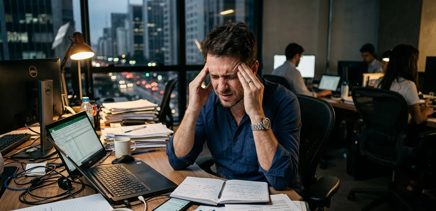 Profissional no ambiente de trabalho com as mãos nas têmporas sentindo enxaqueca e estresse, ilustrando a somatização das emoções.