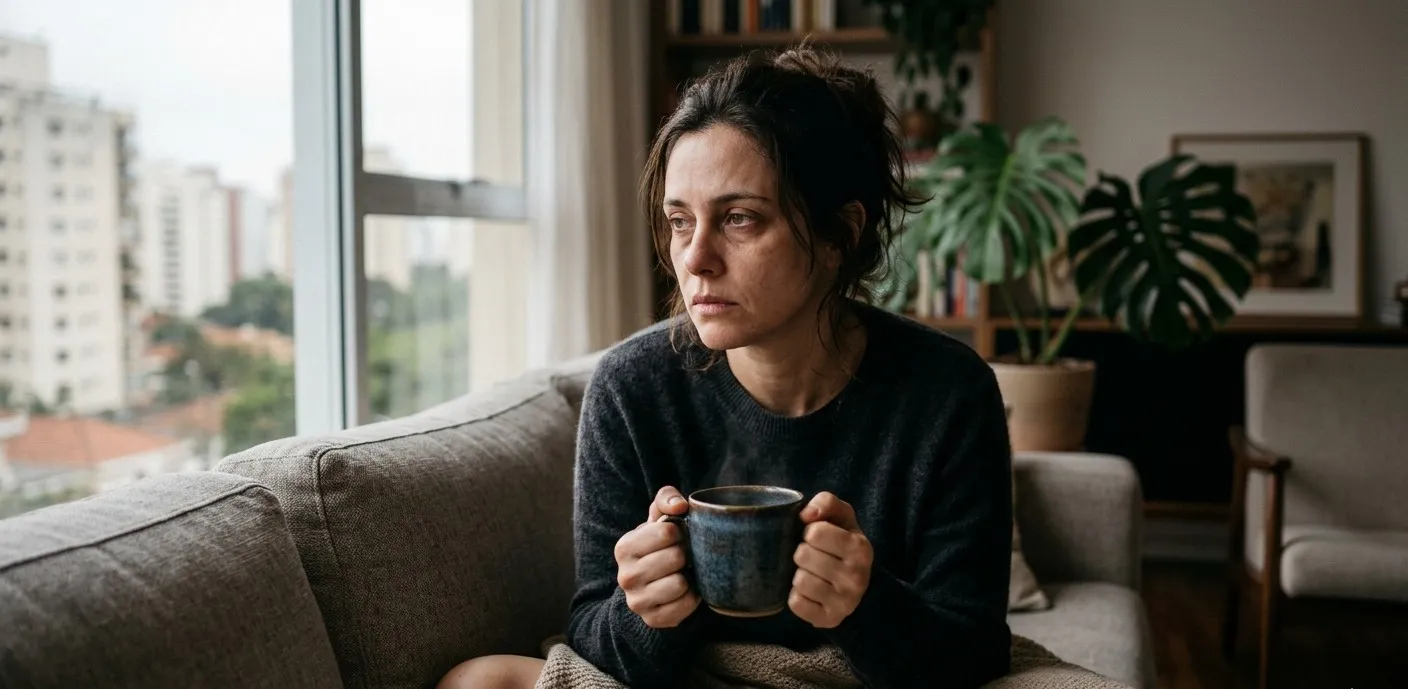 Pessoa sentada no sofá demonstrando exaustão emocional e cansaço mental após tentar ser forte o tempo todo.