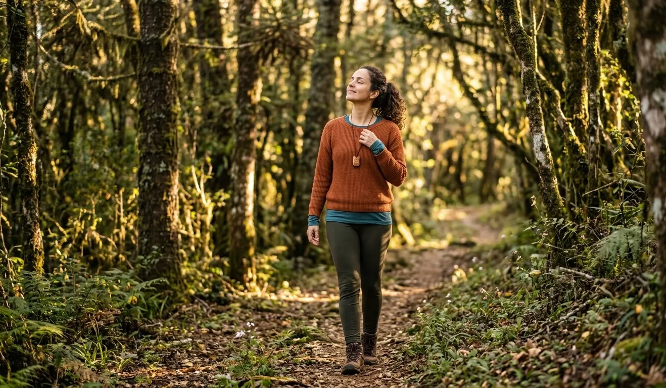 Pessoa caminhando tranquilamente na natureza, com feição aliviada, simbolizando o reencontro consigo mesmo e o início do processo terapêutico.