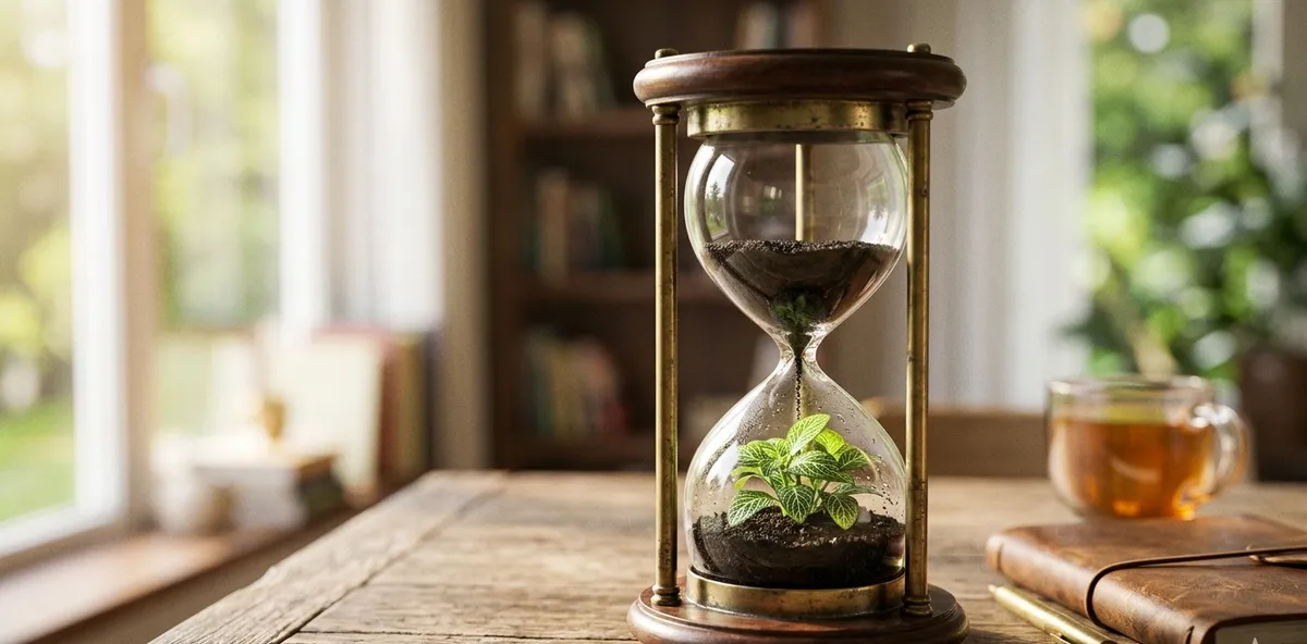 Uma ampulheta de vidro clássica com uma pequena planta crescendo em seu interior, simbolizando o relógio biológico e o tempo natural de desenvolvimento de cada um.