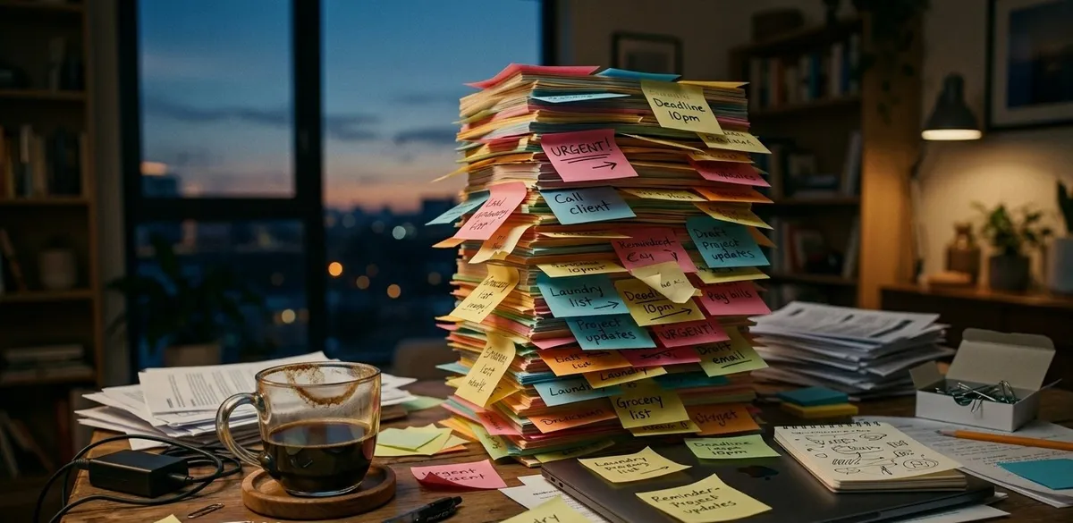 Mesa de trabalho com uma pilha enorme de post-its coloridos e uma xícara de café, simbolizando a sobrecarga mental e o excesso de tarefas do dia a dia.