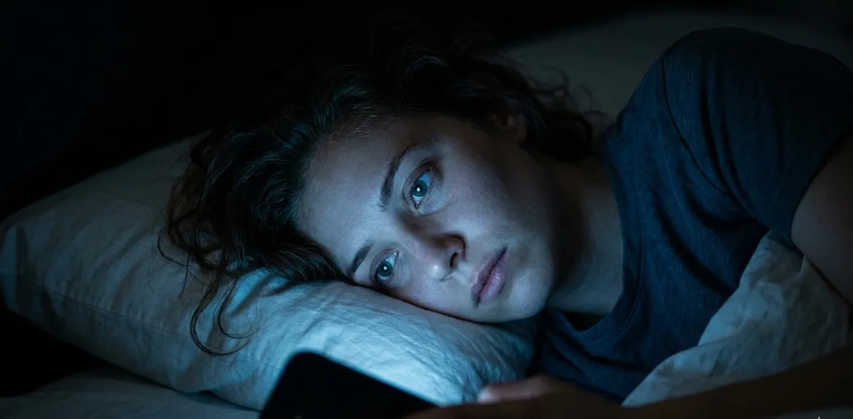 Pessoa deitada na cama à noite iluminada apenas pela luz do celular, representando a insônia e a dificuldade de desligar a mente.