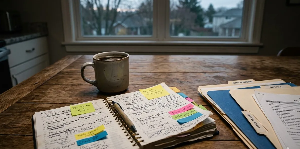 Mesa com uma xícara de café esquecida e uma agenda cheia de compromissos médicos, simbolizando a rotina exaustiva e a sobrecarga mental de uma mãe atípica.