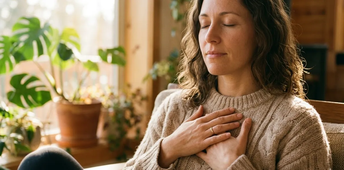 Detalhe das mãos de uma mulher repousando suavemente sobre o peito, simbolizando um momento de pausa, respiração consciente e autocompaixão