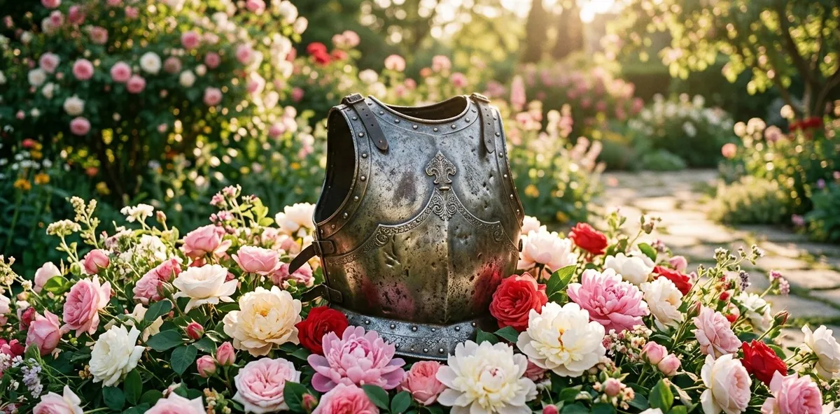 Armadura de metal repousando sobre flores delicadas, simbolizando a queda das defesas emocionais e a entrega no amor.