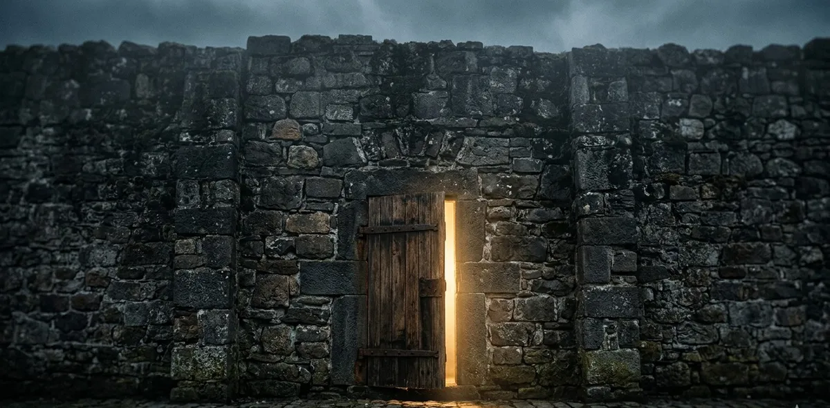 Uma muralha de pedra escura com uma pequena porta entreaberta revelando uma luz acolhedora, representando a fortaleza emocional e o medo de amar.