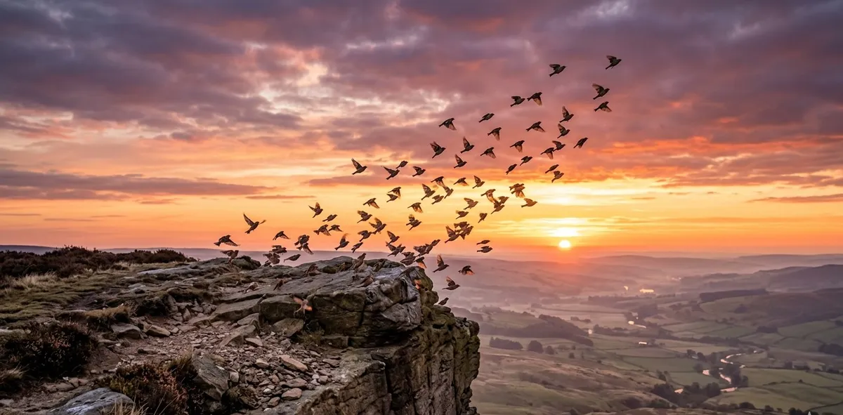 Pássaros voando a partir da beira de um penhasco ao nascer do sol, simbolizando a coragem de perder o chão para aprender a voar no amor.