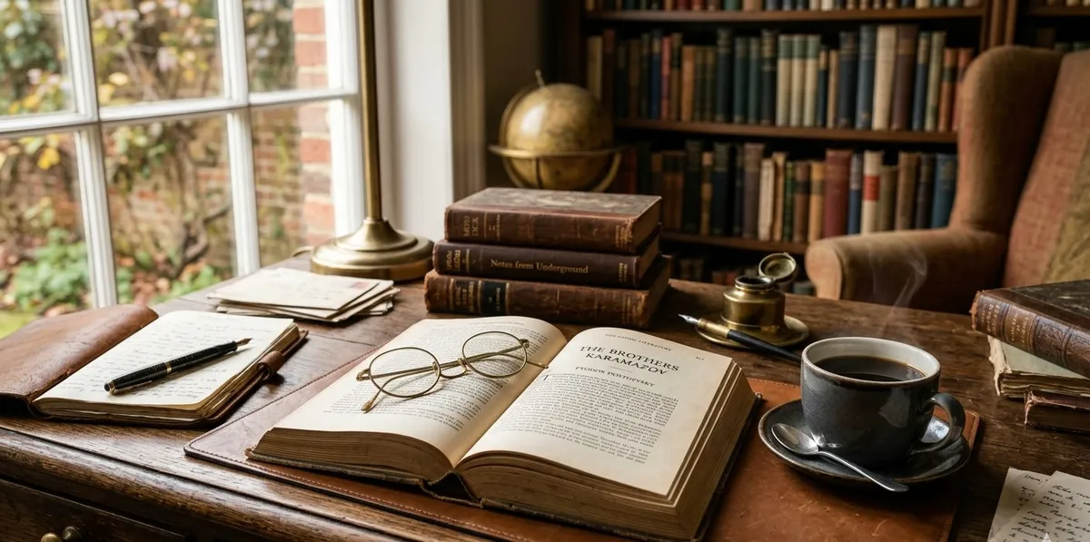 Uma escrivaninha de madeira com um livro clássico aberto, óculos e uma xícara de café, simbolizando o repertório cultural e o estudo contínuo do psicanalista.
