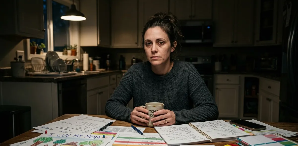 Mesa de cozinha à noite com uma xícara de café, pilhas de documentos e um barquinho de origami, simbolizando a dedicação e a sobrecarga invisível da maternidade atípica
