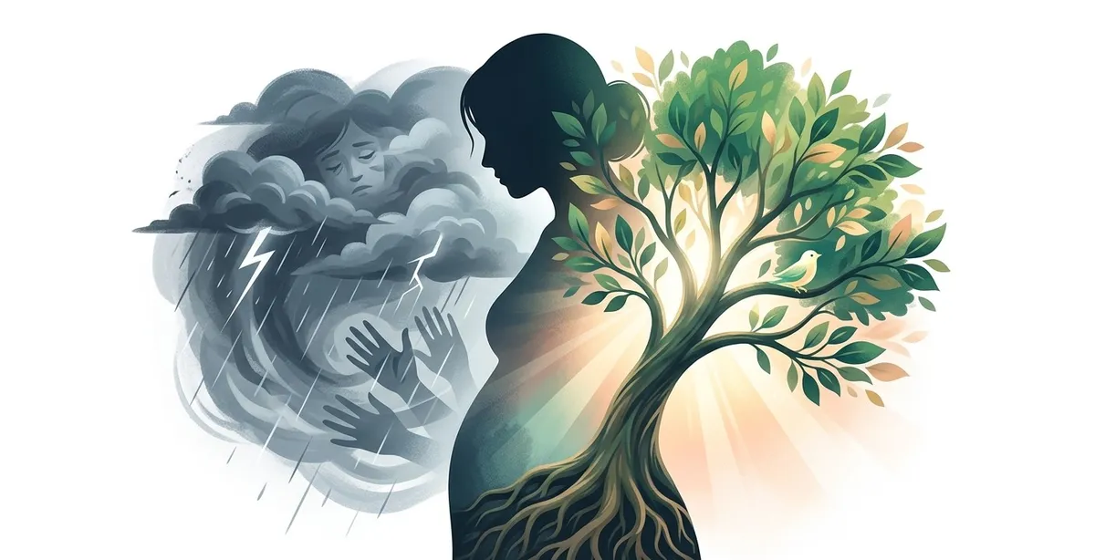 Uma pequena e vibrante planta crescendo com raízes fortes através do concreto rachado após uma tempestade, iluminada por um raio de sol, simbolizando a resiliência e a força emocional