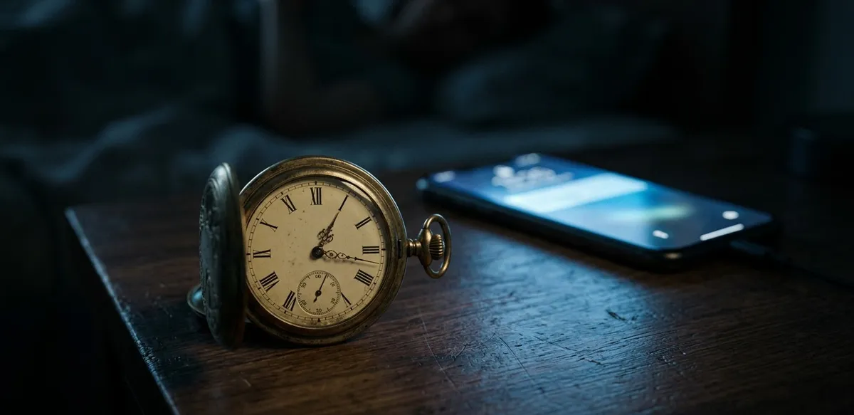Um relógio de bolso antigo iluminado pela luz fria de um celular no escuro, simbolizando a insônia e a mente em constante estado de alerta.