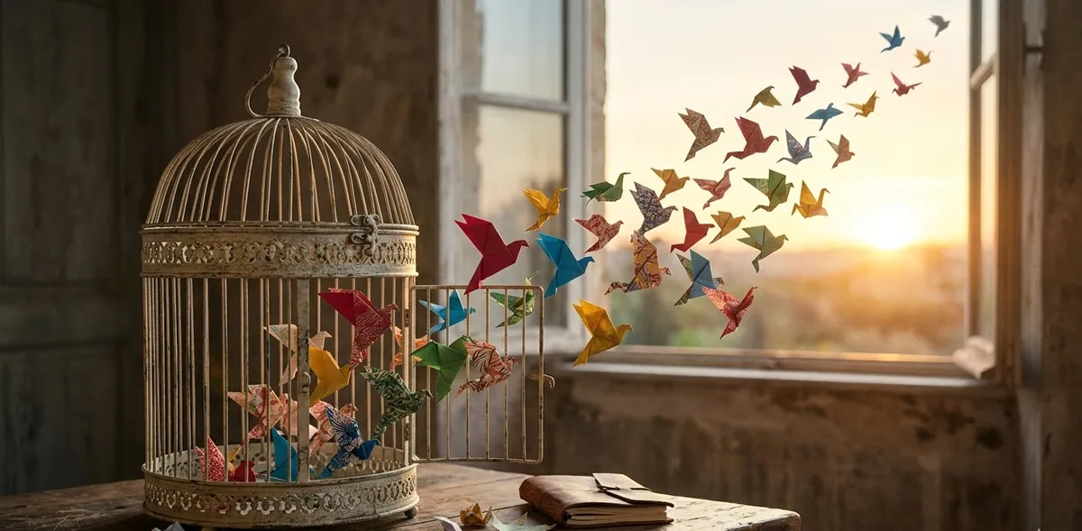 Uma gaiola antiga aberta com pássaros de origami coloridos voando em direção ao sol, simbolizando a neurodiversidade, a quebra de rótulos rígidos e a libertação dos estigmas