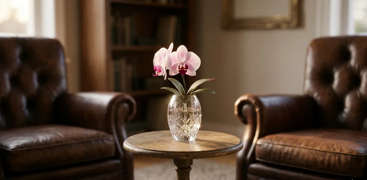 Duas poltronas confortáveis com uma orquídea delicada florescendo entre elas, simbolizando o espaço seguro da análise, a escuta acolhedora e a clínica da delicadeza