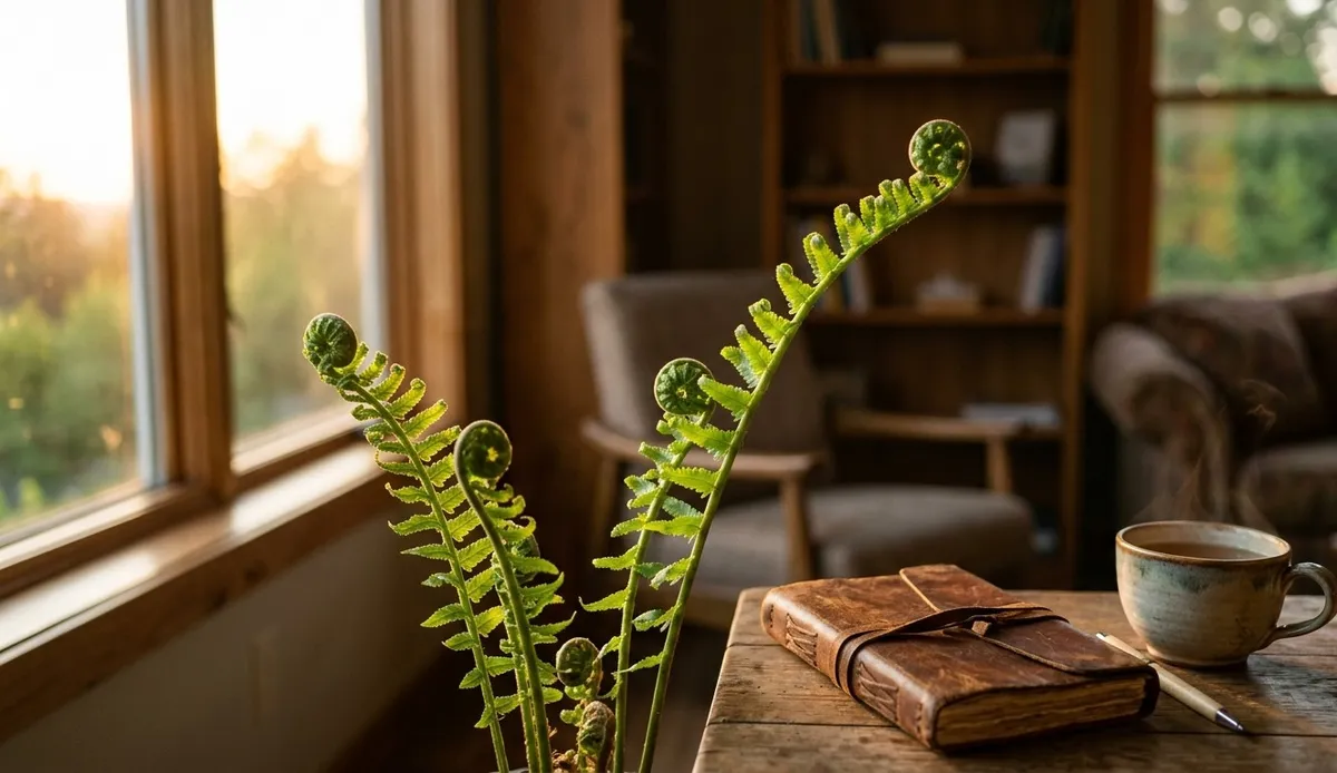 Uma planta desabrochando lentamente em um consultório iluminado pelo sol, ao lado de um diário, simbolizando o crescimento contínuo e a paciência no processo terapêutico