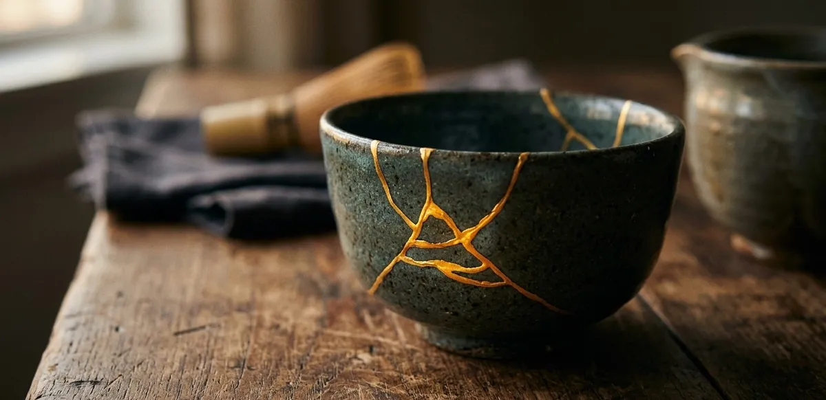 Uma tigela de cerâmica restaurada com a técnica Kintsugi, com fios de ouro unindo as peças quebradas, representando a ressignificação do passado e a beleza da cura