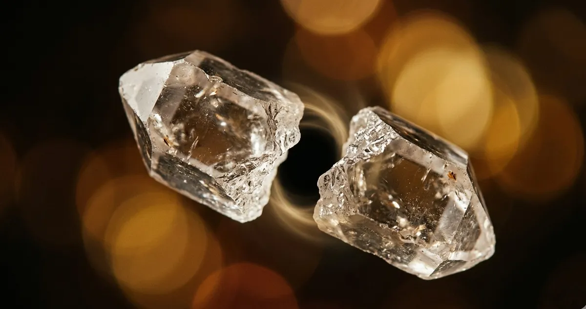 Duas peças de cristal translúcido se aproximando para se completarem, simbolizando a teoria psicanalítica do encontro de duas faltas e o desejo inconsciente no amor
