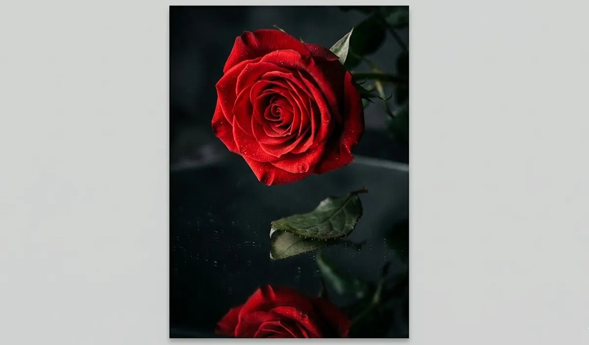 Uma rosa vermelha vibrante refletida em uma superfície escura com uma folha caindo, representando as forças vitais de Eros e Thanatos e a complexidade do amor na psicanálise