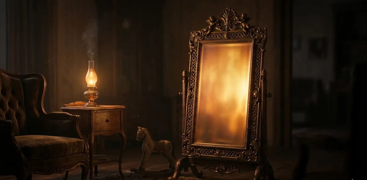 Um espelho antigo refletindo uma luz dourada e acolhedora, simbolizando o narcisismo no amor, a busca por segurança e o reencontro com figuras de afeto da infância